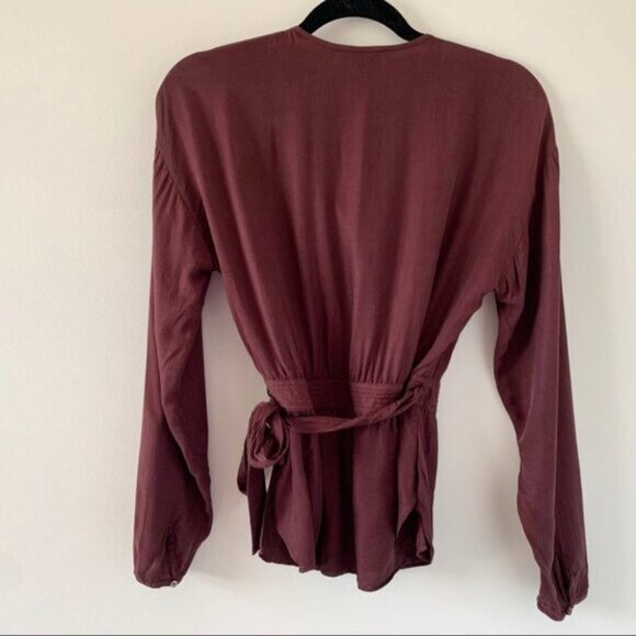 Wilfred Aritzia Anemone Blouse Wrap Tie Up Belted V-neck Truffle Maroon Size XS - Picture 14 of 16